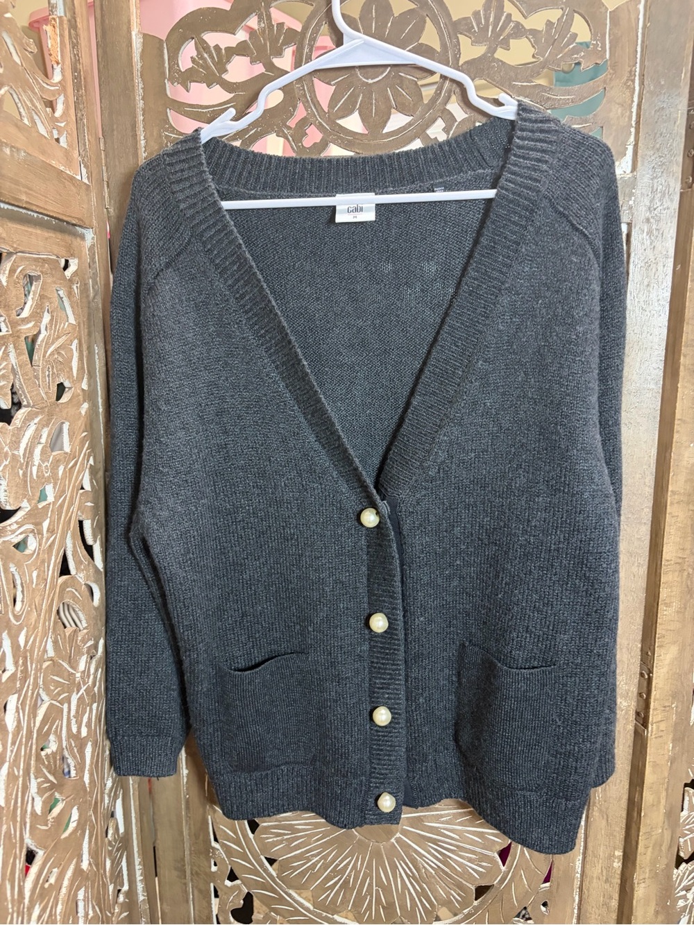 CAbi Charcoal Gray V-Neck Cardigan with Pearl Buttons - Picture 2 of 4